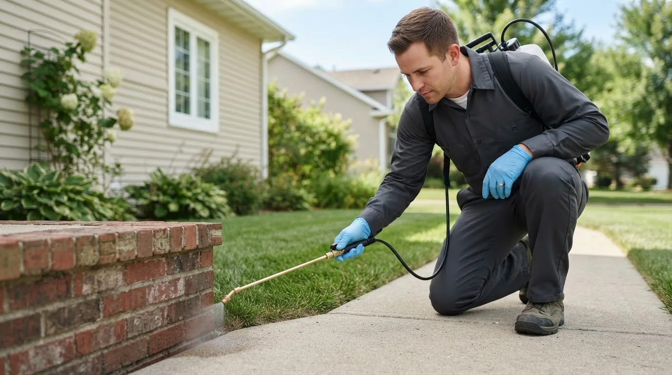 Pest control technician treating a home near Milwaukee, WI